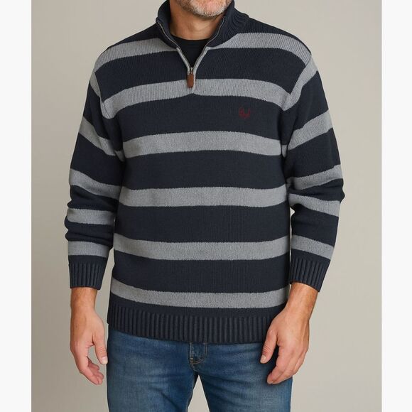 CHAPS Men's XXL Dk. Blue/Gray Collar Zip Pullover Striped Heavyweight Sweater #B - Picture 1 of 6